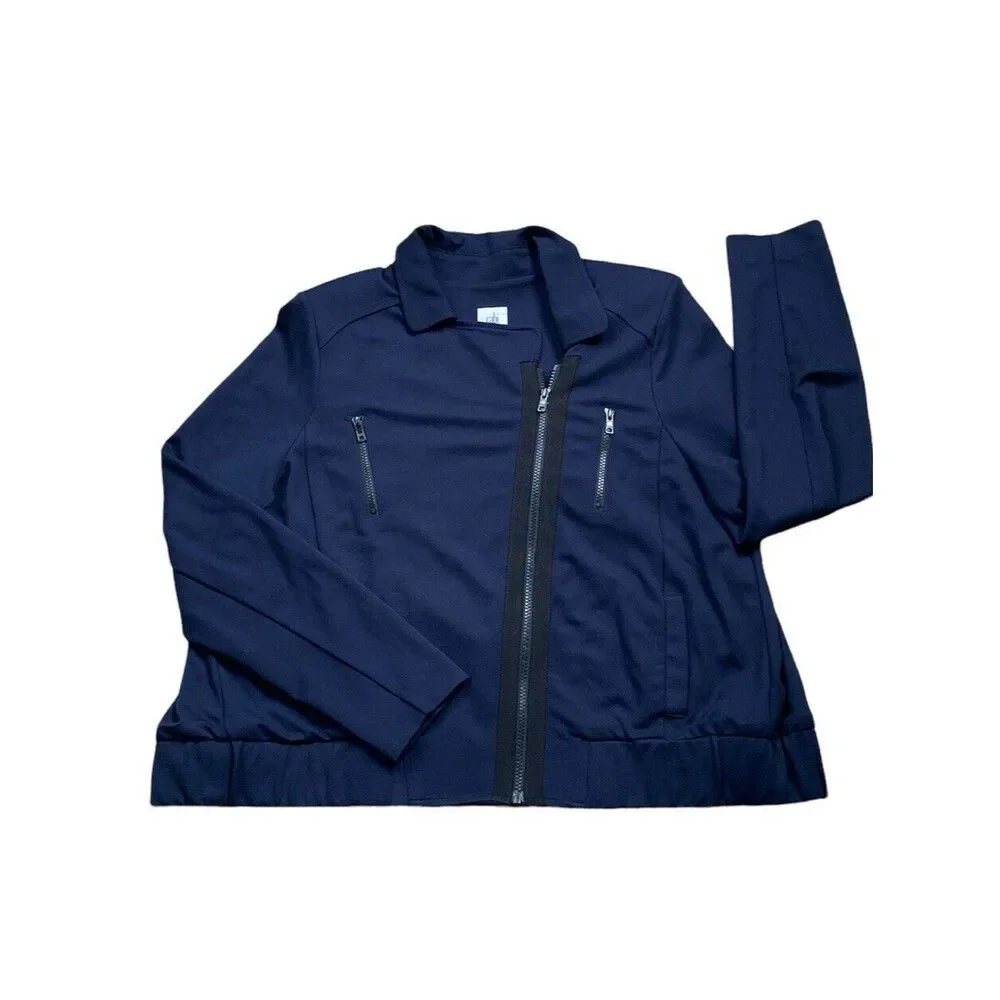 CAbi Women #5476 Chance Moto Bomber Jacket Sz L  Navy Full Zip Tow Tone Fabric
